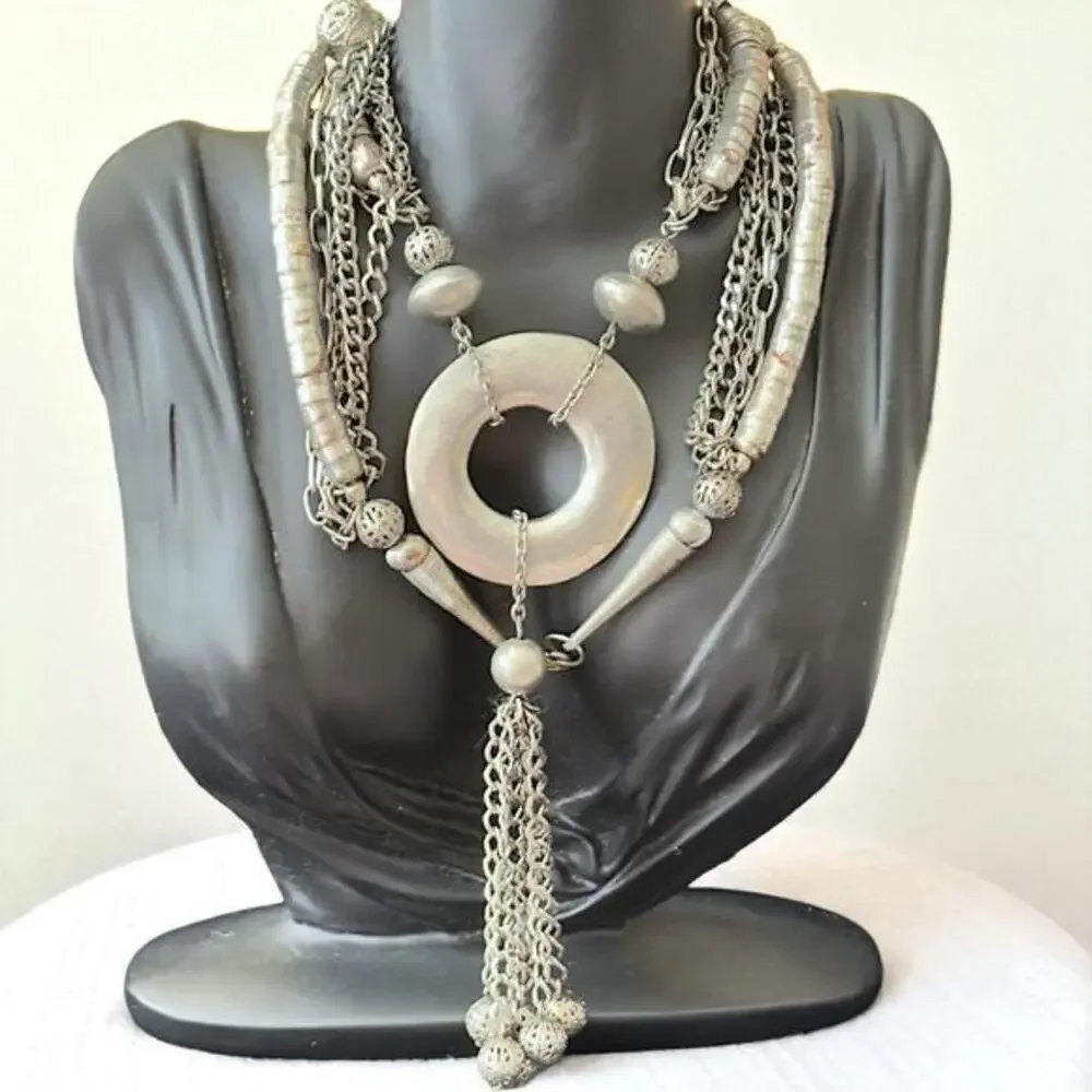 VNT Lariat Serpentine Tribal Statement Necklace Silver Multi Strand Tassel